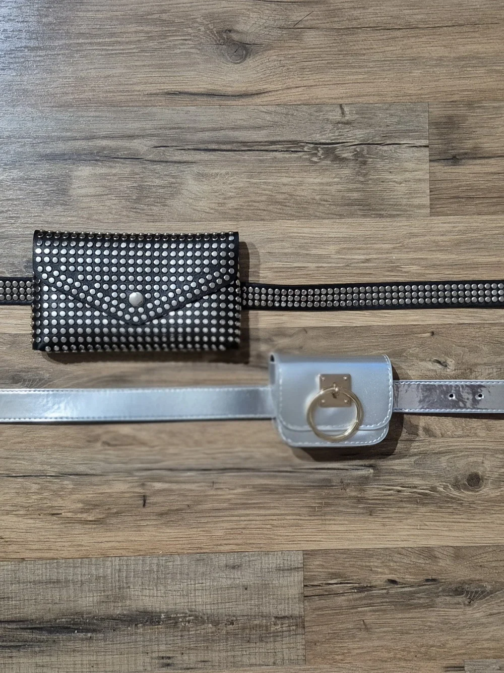 OLD NAVY-Studded Black Belt & Belt Bag & Silver Metallic Belt Pouch Set.
